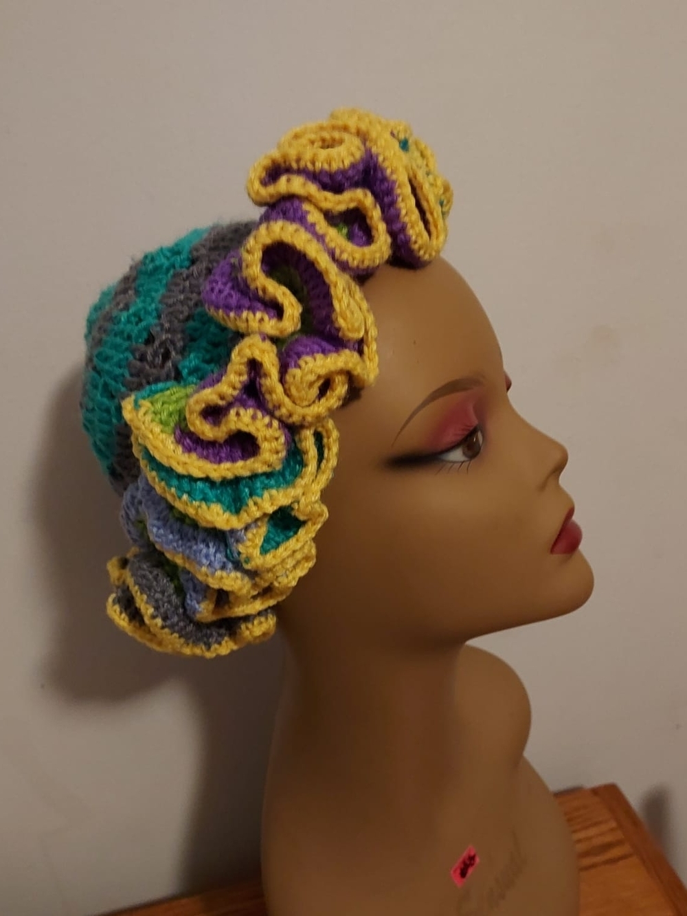 Handmade Multicolor Crochet Scrunchie Cap - Teal, Gray & Purple